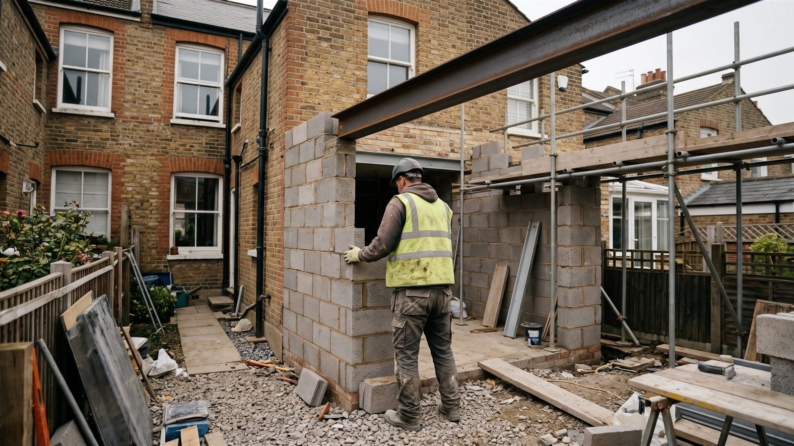 Illustration: a builder in a hi-vis vest laying blockwork for a rear extension behind a London brick terrace, with a steel beam and scaffolding.