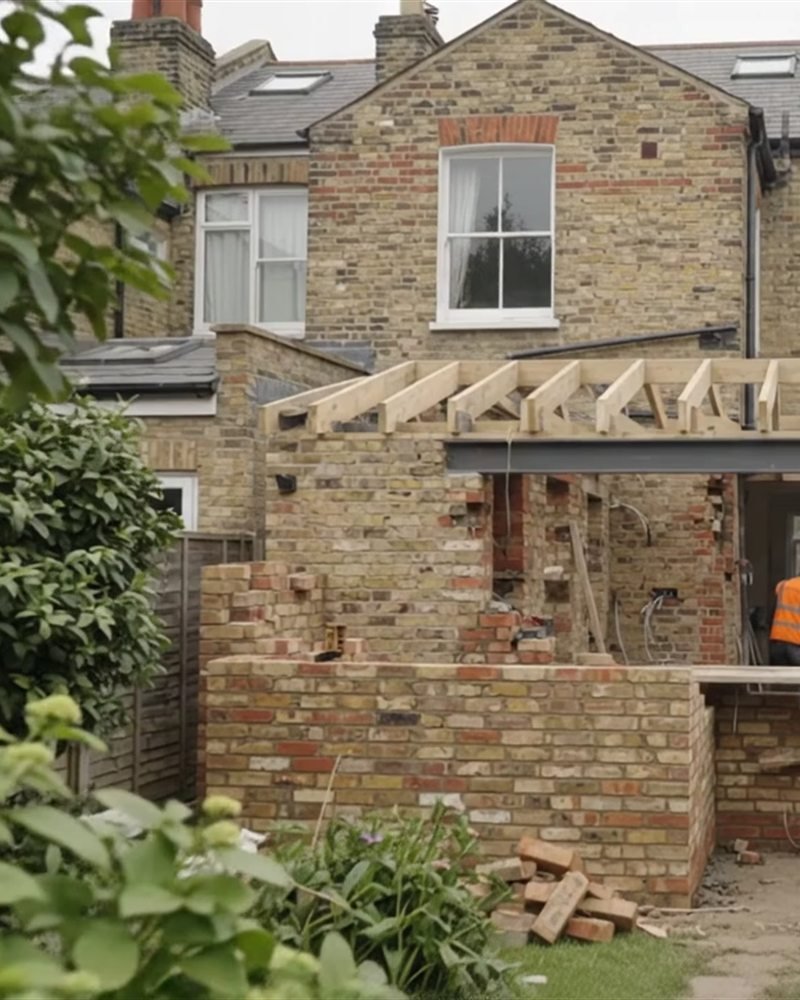 Illustration: a single storey rear extension under construction behind a London Victorian terrace.