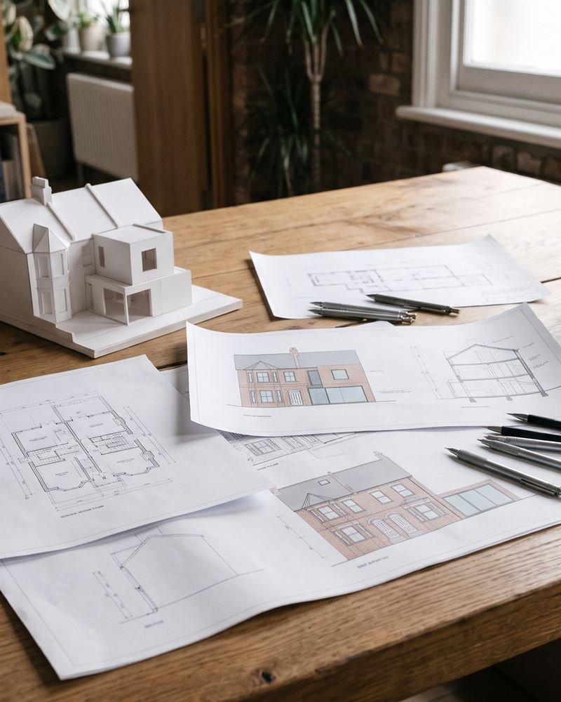 Illustration: printed floor plans and elevations on a studio desk with a card model.
