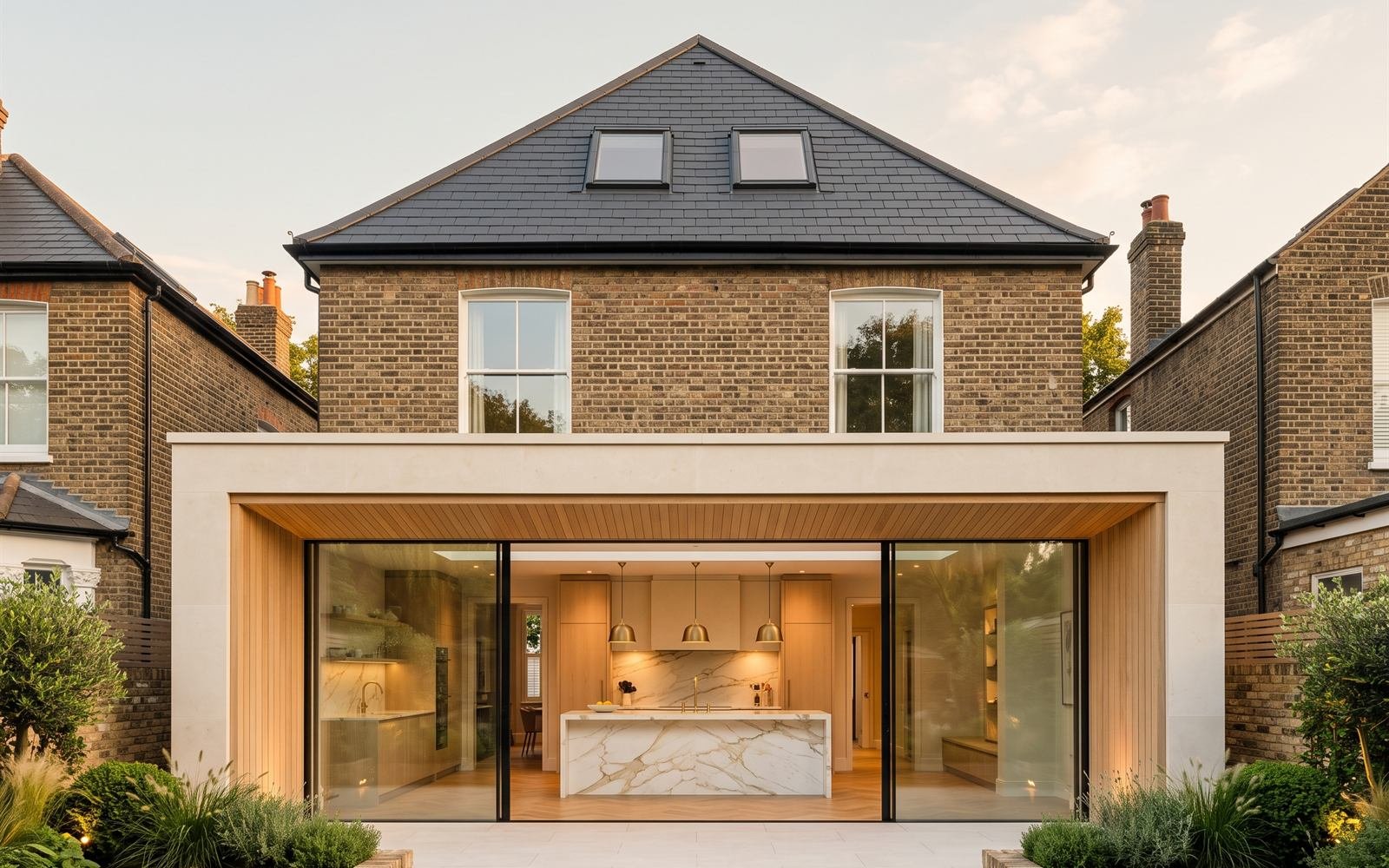 Illustration: a London brick house with a new glazed rear extension and kitchen, at dusk.