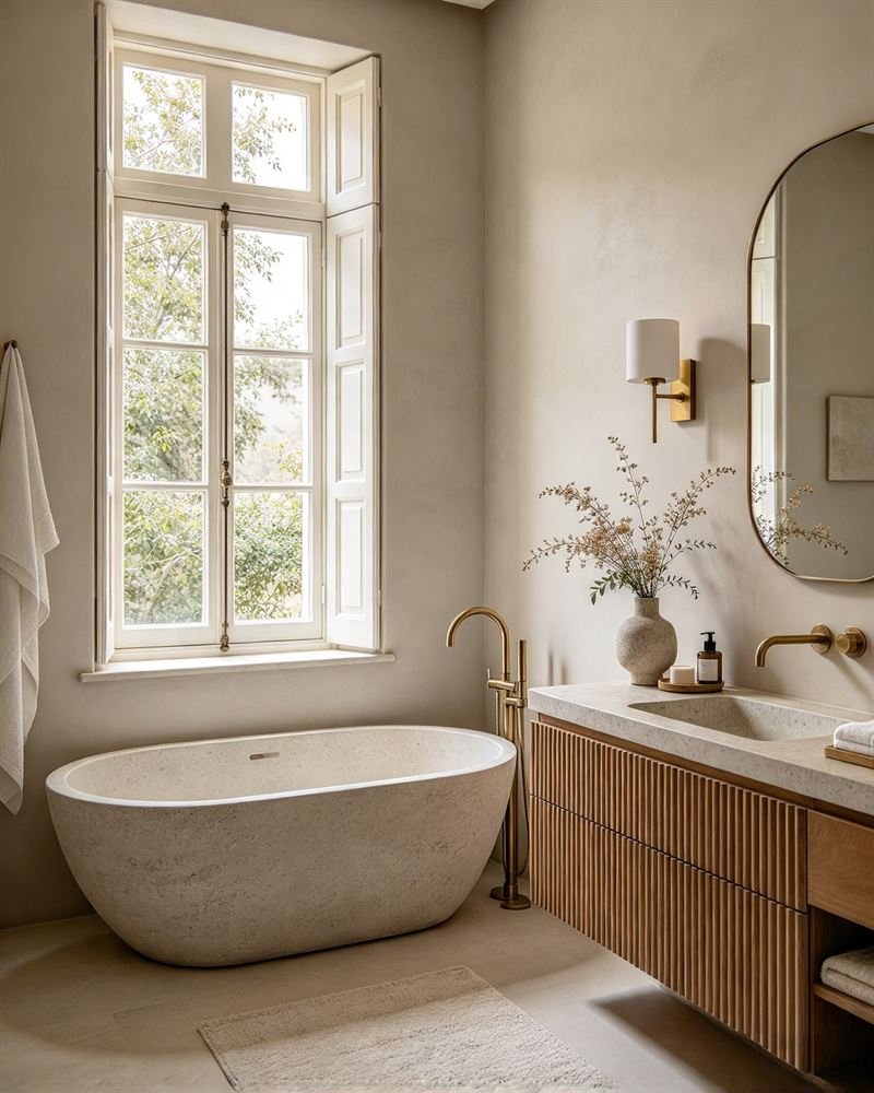 Illustration: a bathroom with microcement walls, a stone bath and a fluted oak vanity.