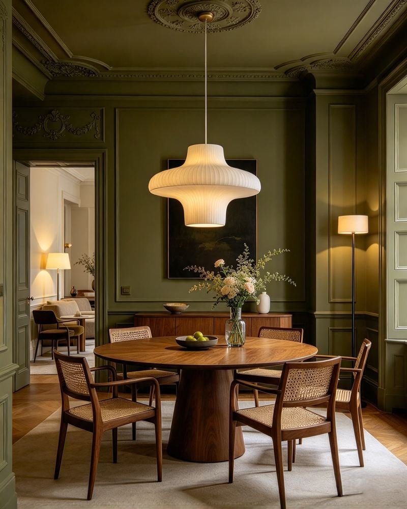 Illustration: a dining room painted deep olive green with an oak table and pendant light.