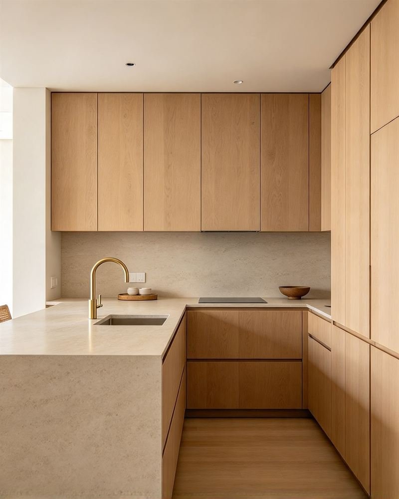 Illustration: a Japandi kitchen with oak cabinets and a travertine worktop.
