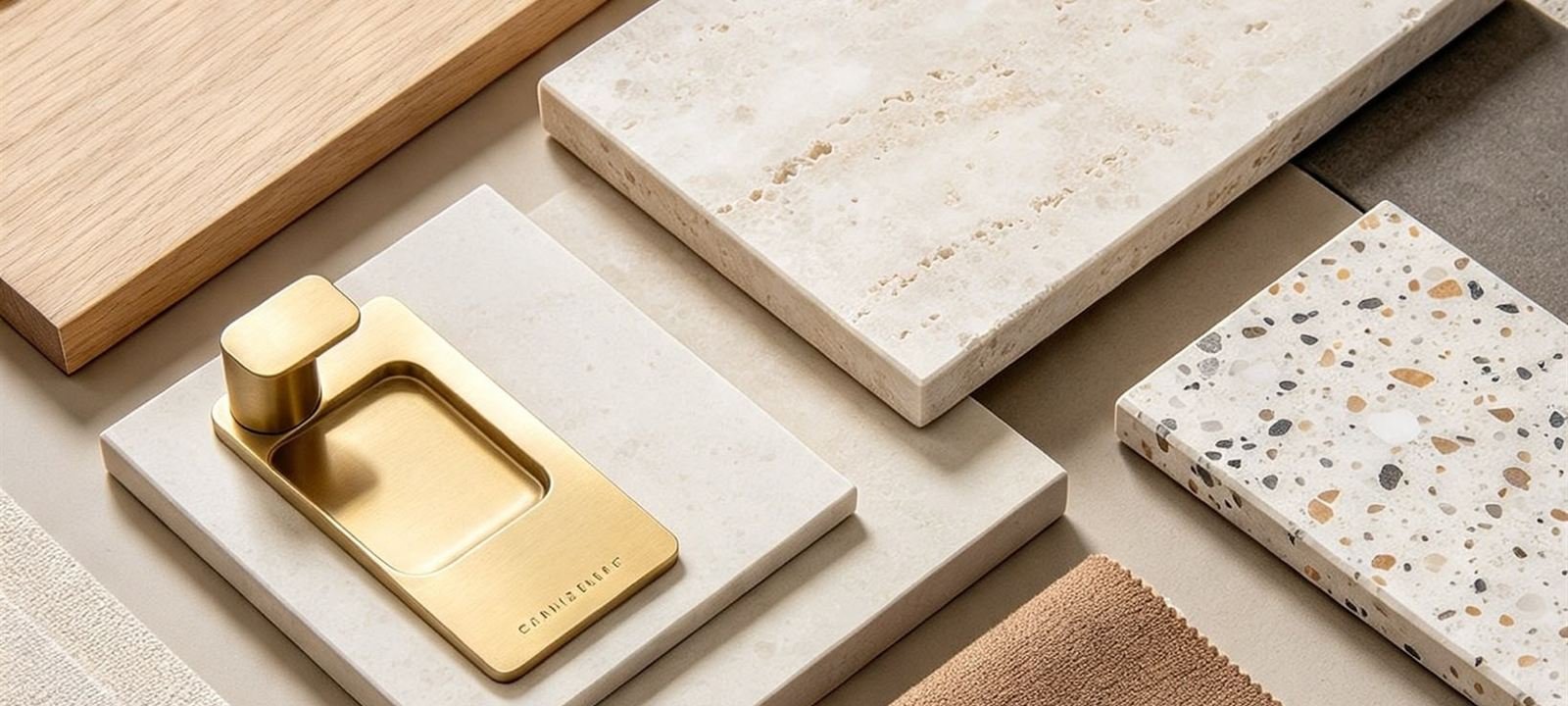Illustration: a material sample board with oak, travertine, terrazzo, brass and fabric swatches.