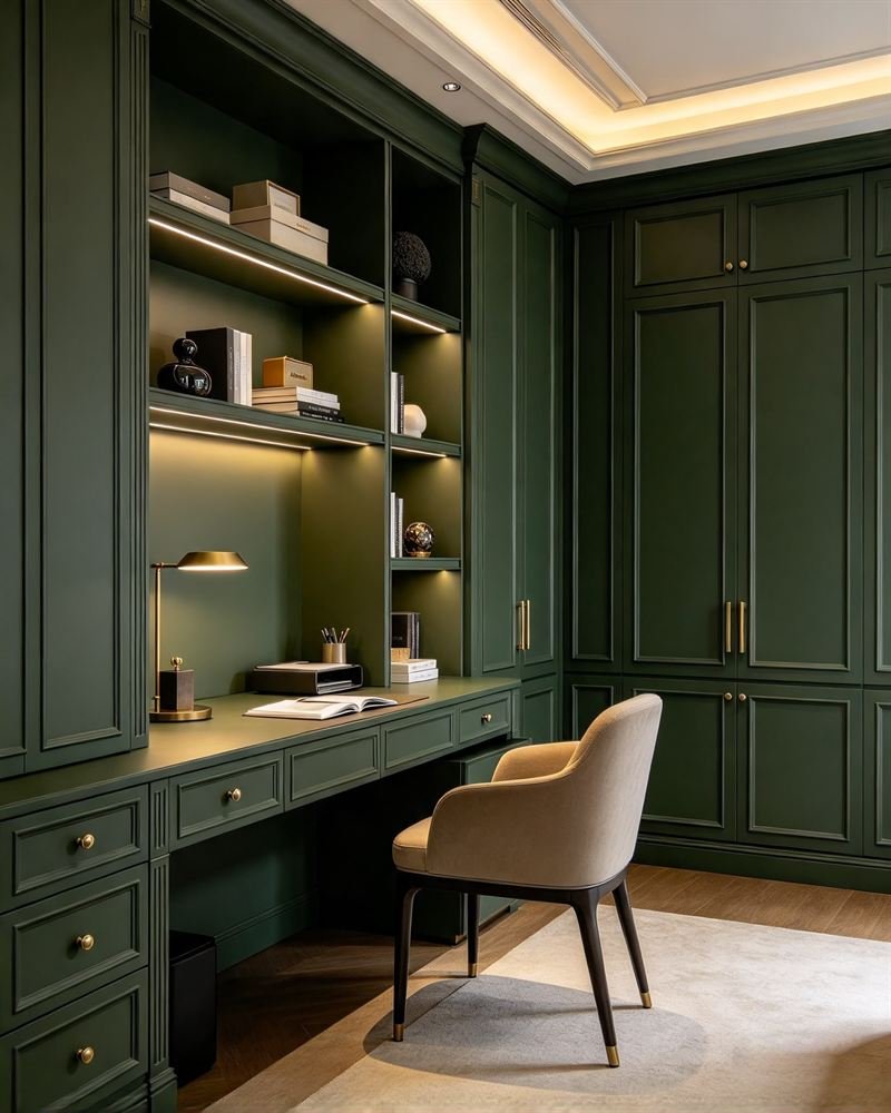 Illustration: a home office with floor-to-ceiling dark green joinery.