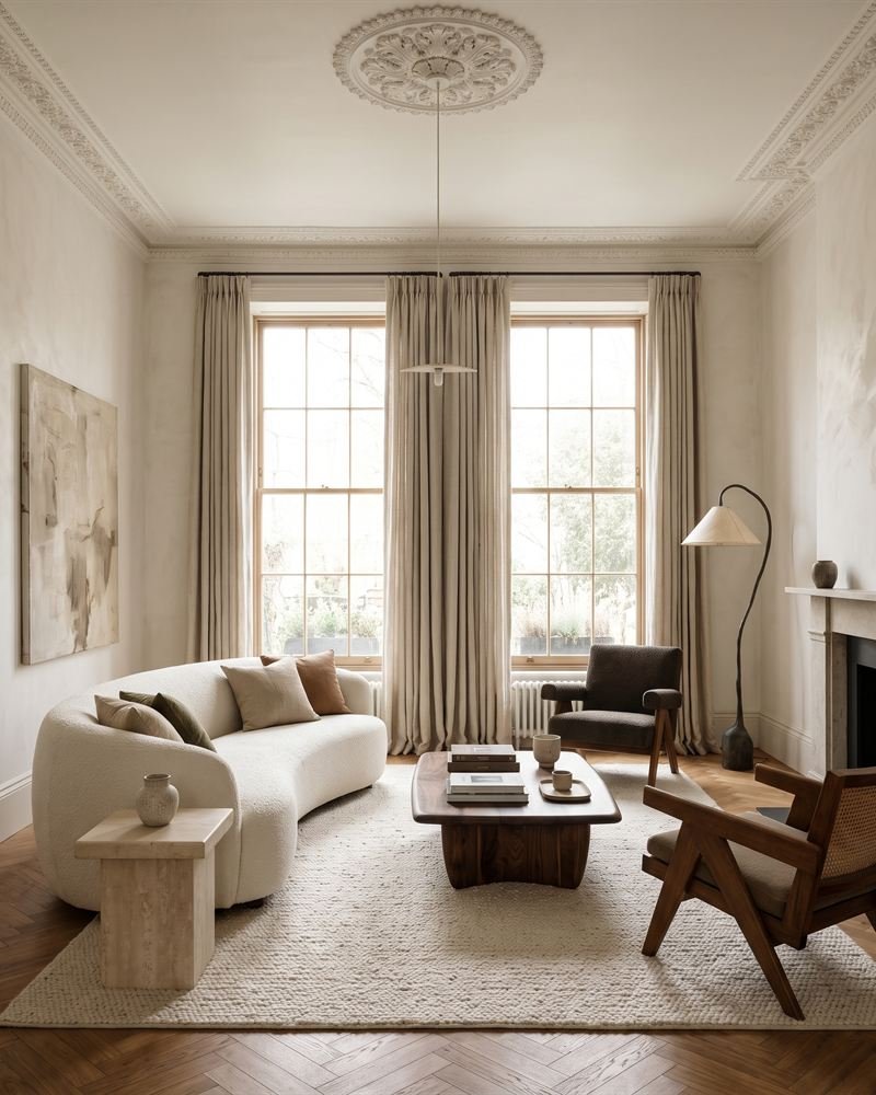 Illustration: a Georgian living room with tall sash windows.