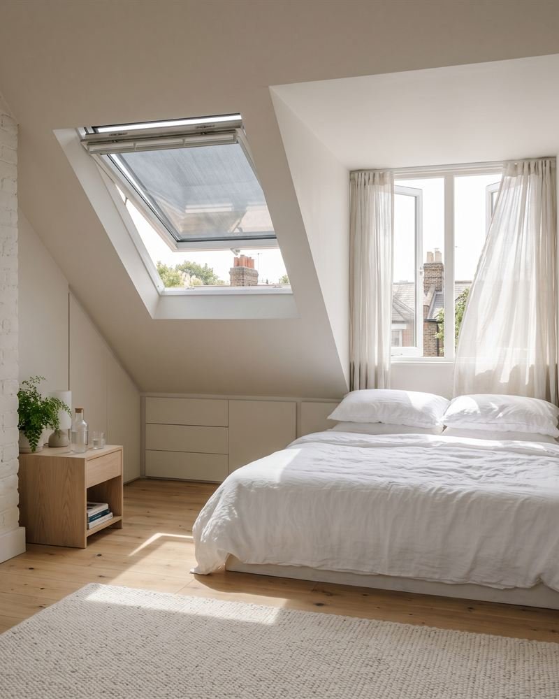 Illustration: a loft bedroom with a roof window, shaded in summer.