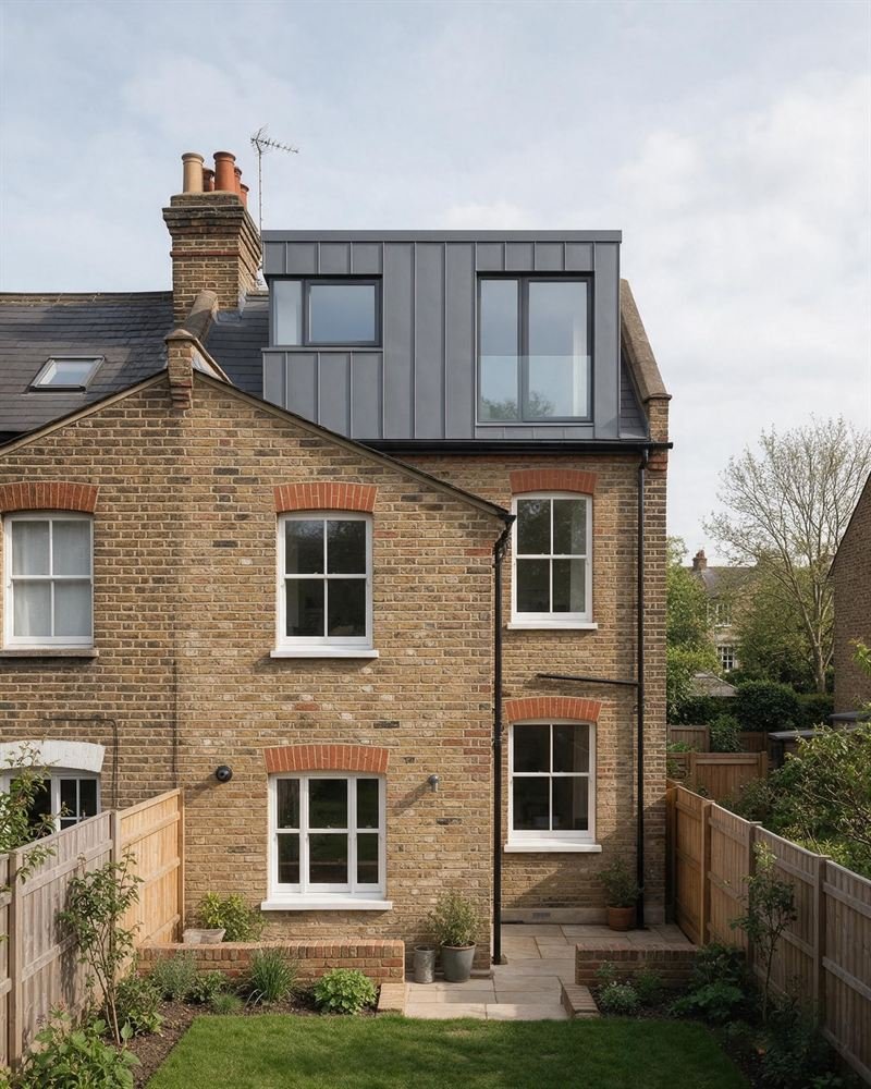 Illustration: a zinc-clad L-shaped rear dormer on a Victorian terrace.