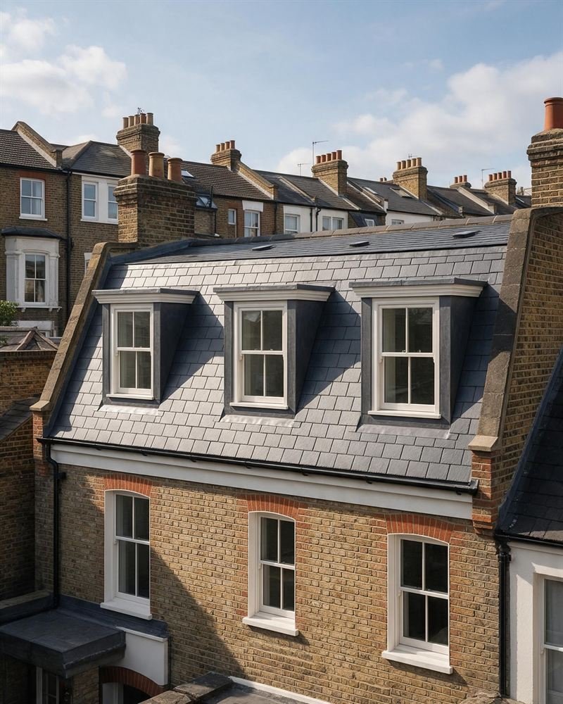 Illustration: a slate mansard roof extension on a London terrace.