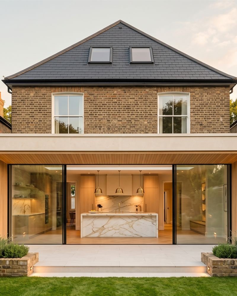 Illustration: a single storey glazed rear extension on a London brick house.