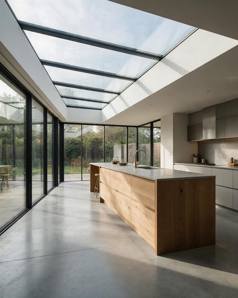 Illustration: a wraparound kitchen extension with slim black glazing.