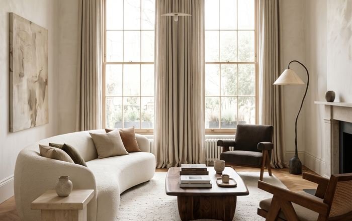 Illustration: a Georgian townhouse living room with tall sash windows and a herringbone floor.